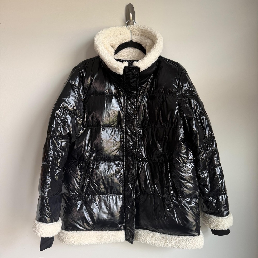 Sanctuary Jacket Womens Large Black Shiny Down Puffer Faux Fur‎ Sherpa Trim